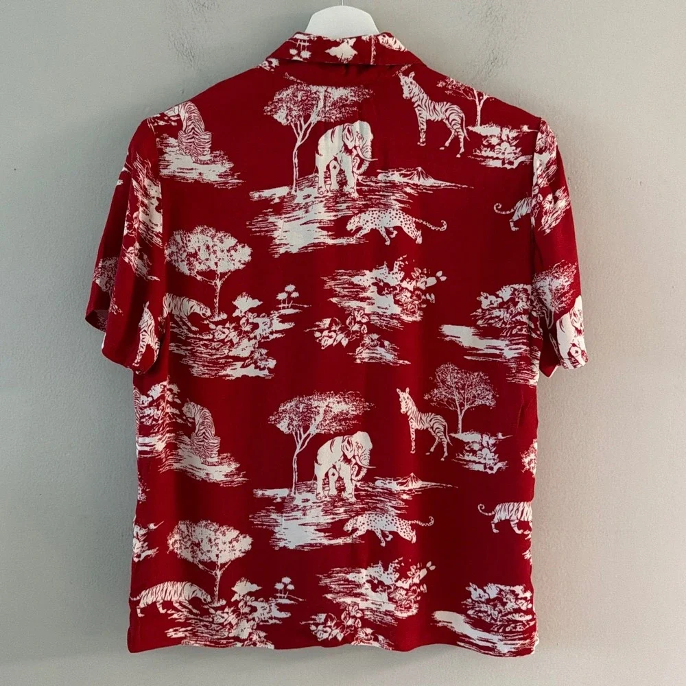 Reformation Md Red Safari Toile Animal Print Short Sleeve Button Down Blouse Top